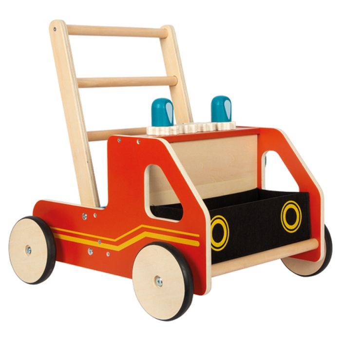 Houten looprek - Small Foot Company - Brandweerlieden - 12 maanden - Vilten mandje - Ingebouwde rem