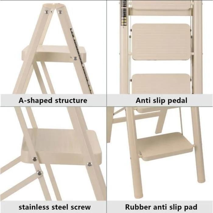 Escalera plegable de 3 peldaños IDEGU, taburete plegable de acero portátil, peldaño de 22 cm de ancho, antideslizante, blanca.