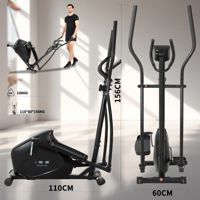 ISE Vélo Elliptique Magnétique 8 Niveaux Résistance, Capteur d'Impulsion, Poids d’inertie de 8KG, Ecran LCD SY-9802