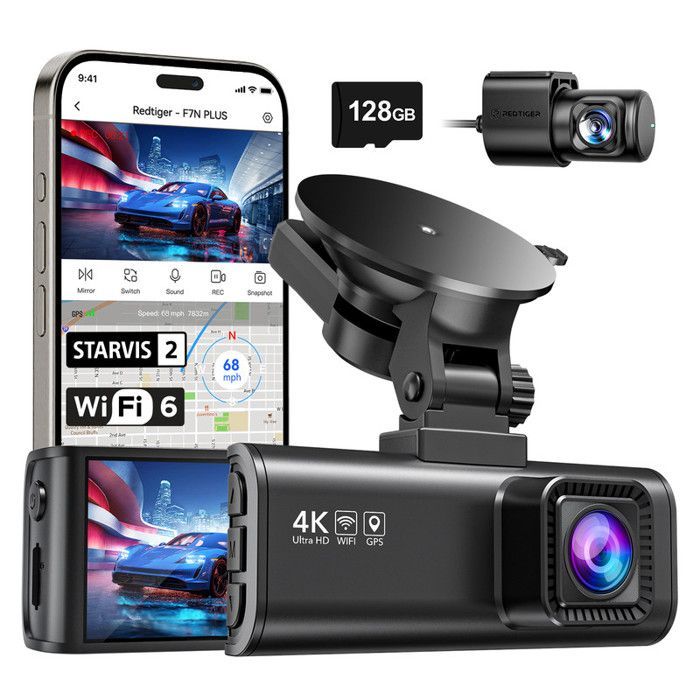 Cámara de salpicadero REDTIGER F7NP 4K delantera y trasera de 128 GB – GPS, WiFi de 5,8 GHz, sensor STARVIS 2, visión nocturna, modo de estacionamiento de 24 horas