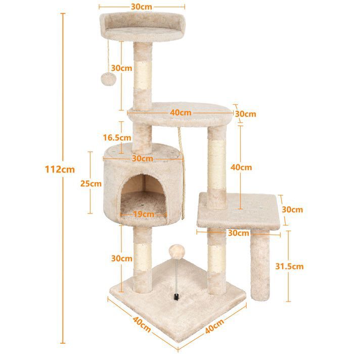 Arbre à Chat,112cmTour de Jeux Stable pour Chat,Arbre à Grimper Multi-Niveaux avec4Poteaux en Sisal,3Plateformes,Nid Douillet