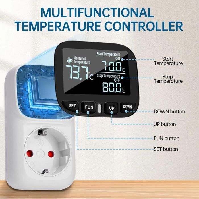 Controlador de temperatura digital 230V com sonda, interruptor de temperatura para aquecimento/resfriamento e plugue termostático.