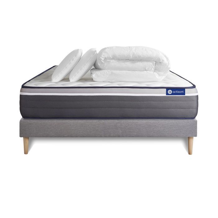 Pack lit complet 160x200 cm - Matelas + Sommier Gris (en kit) + 2 oreillers + Couette - Actilatex Pl