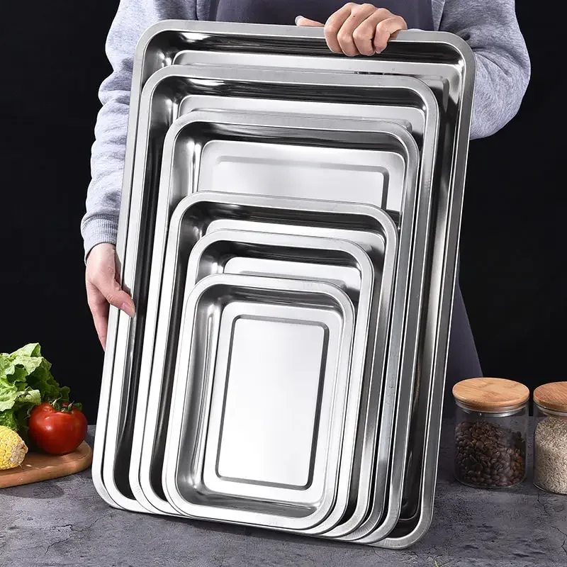 Plateaux de service rectangulaires en acier inoxydable 316 pour barbecue, thé, riz vapeur, saucisses, grillades, ustensiles de cuisine en métal.