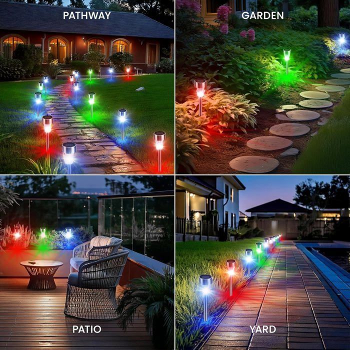 Bunte Solar-Gartenleuchten für den Außenbereich, kabellose LED-Leuchten aus Edelstahl, 12 Stück, 4,5 x 29,5 cm