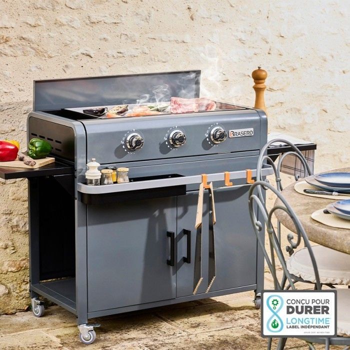 Plancha de barbacoa Lola Gun Metal con carro - Brasero - 3 quemadores de gas - Placa de cocción de acero inoxidable - 68,5 x 35,50 cm - 7,2 kW