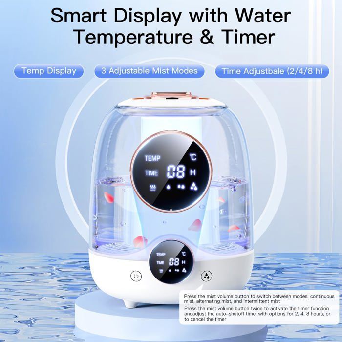 Humidificadores de 3 litros para dormitorios: 30 horas de autonomía, ultrasilenciosos (20 dB), doble boquilla.