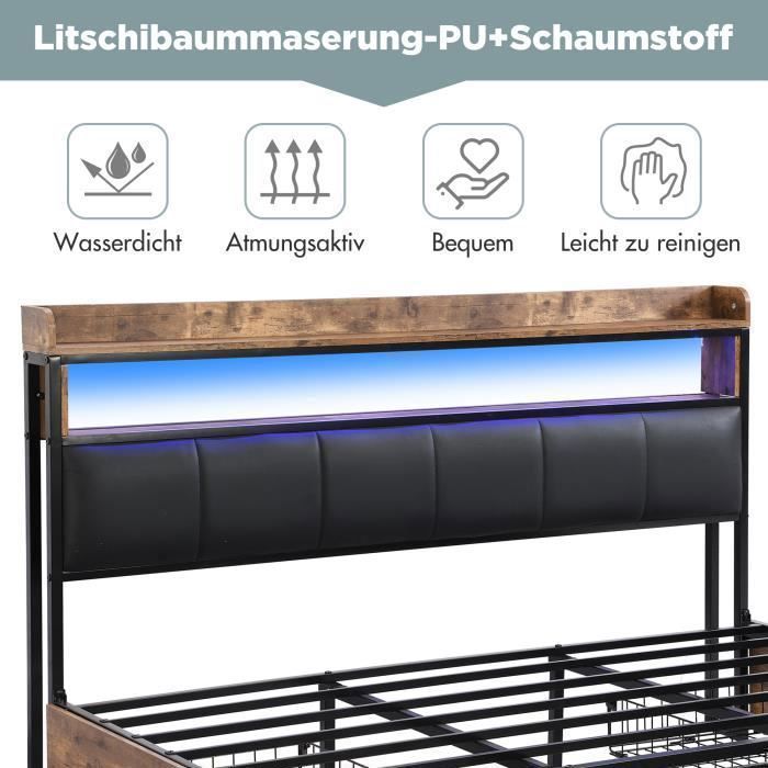 Cama tapizada - PERGAR - 180x200 cm - Cabecero LED - 4 cajones - Negro y madera