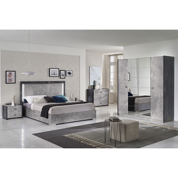 HYDE - Juego completo de dormitorio de 160x200cm con efecto piedra gris e iluminación LED