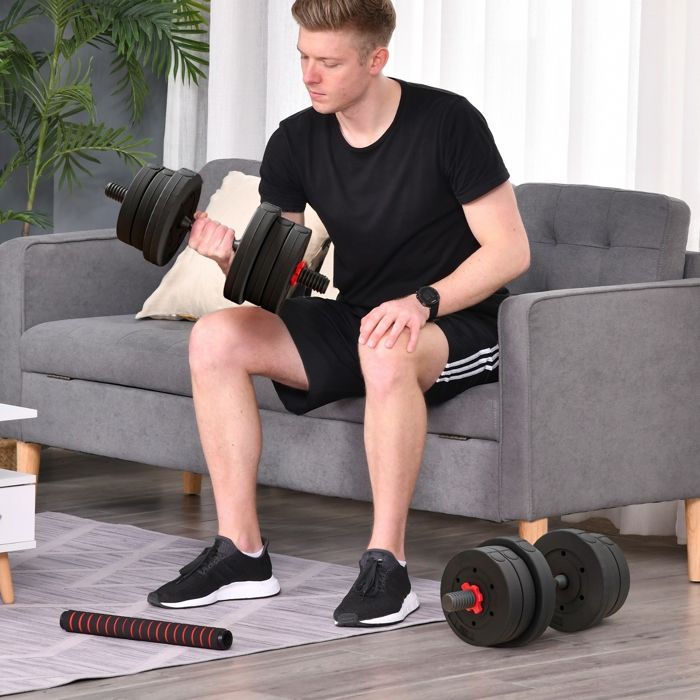 Juego de mancuernas cortas - HOMCOM - peso total 20 kg - 2 en 1 - peso ajustable - barras incluidas - entrenamiento muscular - negro