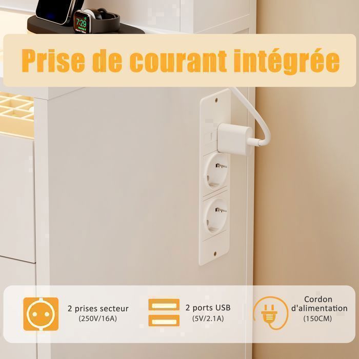 Coiffeuse Grande avec Miroir , LED Réglable, Prise et Port USB, 9 Tiroirs, 105X40X140cm，Blanc