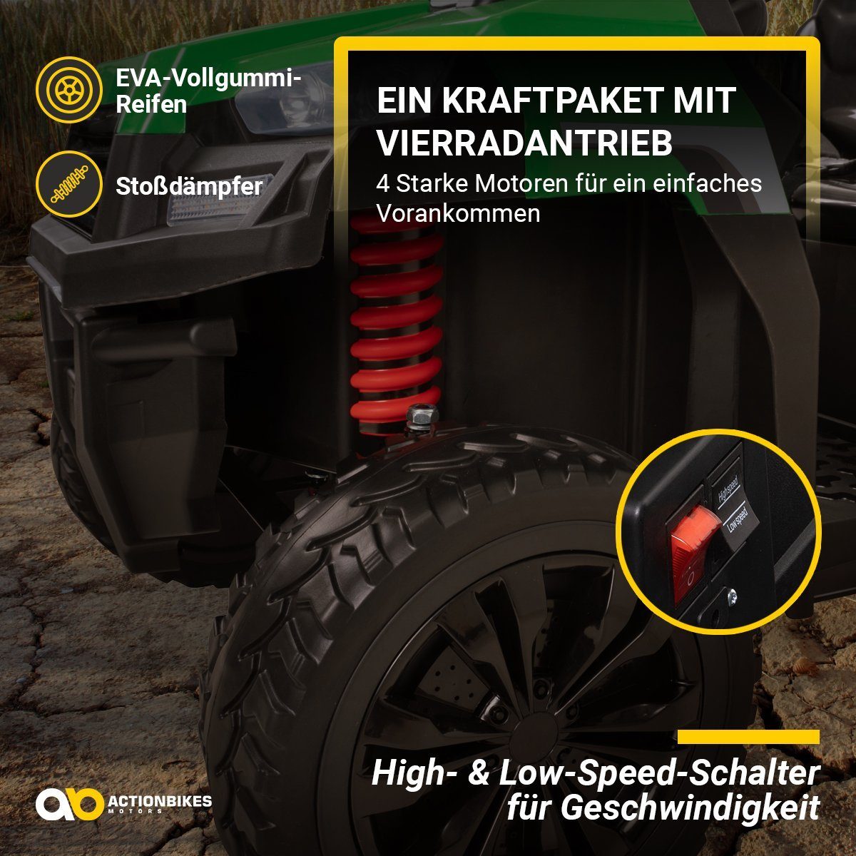 Actionbikes Motors sähköinen lastenauto A730 UTV, 60 kg:n kuormauskapasiteetti, (2-osainen), kaukosäätimellä - USB - AUX - pehmeä käynnistys - automaattinen jarrutus