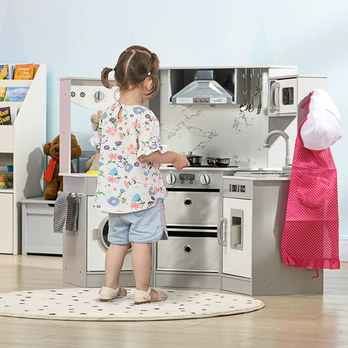 Cuisine pour enfant - AIYAPLAY - en bois jeu d'imitation effet sonore 17 accessoires - bois - gris blanc