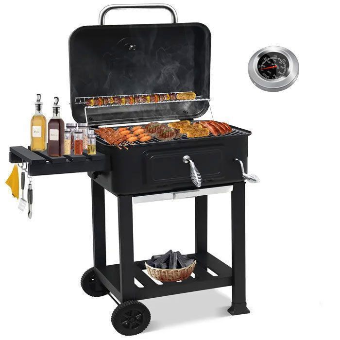 Barbecue Charbon de Bois avec Couvercle, Chariot, Bac à Charbon Réglable, 2 Tablettes, Noir