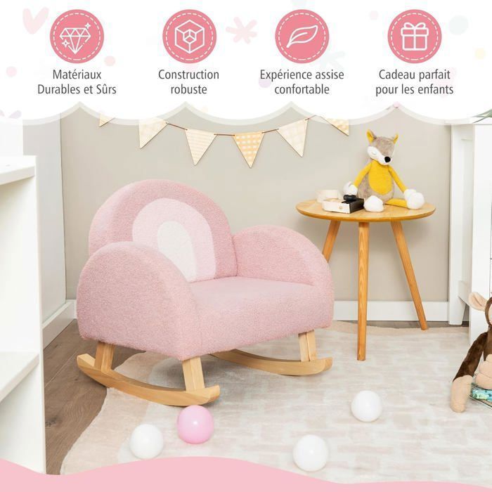 Sedia a dondolo per bambini GOPLUS con gambe in legno e piedini antiscivolo, braccioli in velluto, rosa