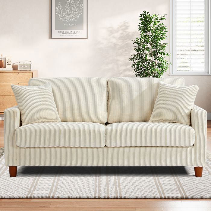 Sofá de 2/3 plazas en pana beige, estilo escandinavo, con 2 cojines y 2 almohadas para salón, 178×76×84cm