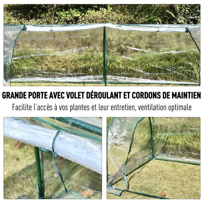 Serre de jardin tunnel - serre à tomates - Outsunny - grande porte zippée bâche plastique transparent - métal - 2,5x1x0,8m - vert