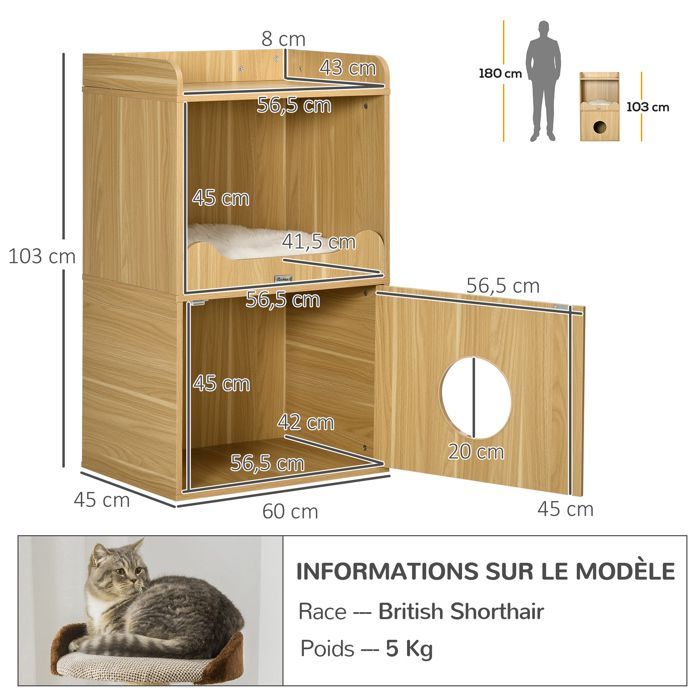 Arenero para gatos, unidad de 3 niveles con compartimento cerrado y 1 cojín, 60 x 45 x 103 cm