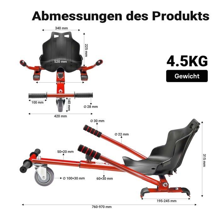 Wiltec Balance Scooter Seat – Red – 120 kg max. capacity – with wheels and handles – adjustable for adults and children –