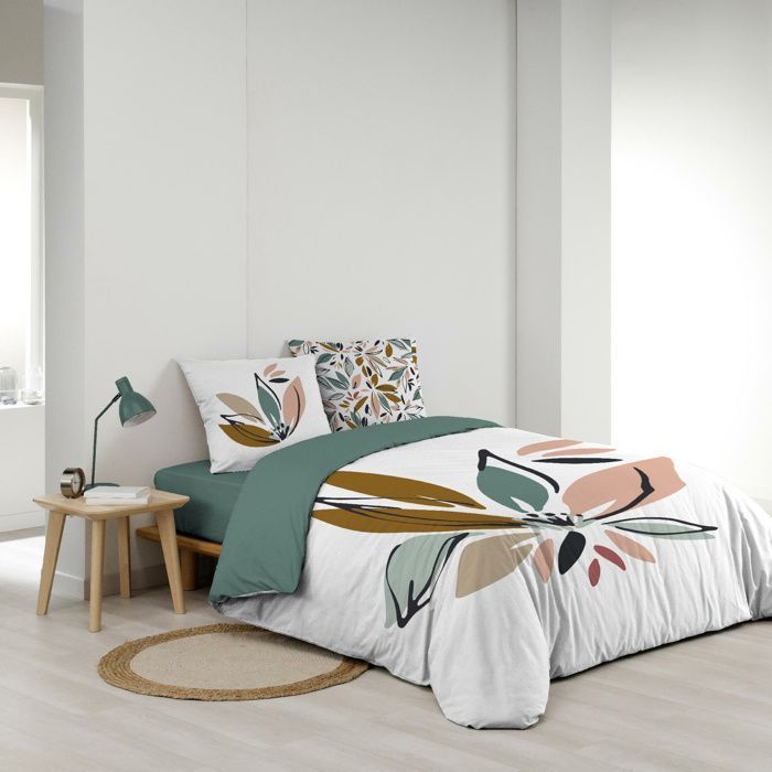 Housse de couette 240 x 220 cm OCTAVIA - 100% coton 42 fils + 2 taies - motif floral vert réversible
