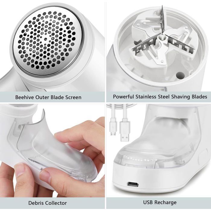 Portable USB Rechargeable Anti-Pilling Garment Trimmer, Fabric Sweater Wool Textile Trimmer with 2 Replacement Blades, White