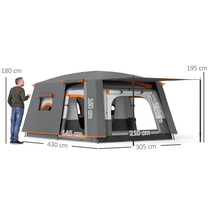 Tienda de campaña Outsunny para 4-5 personas, impermeable, con puertas y ventanas, bolsa de transporte, 4,3 x 3 x 1,95 m, gris oscuro.