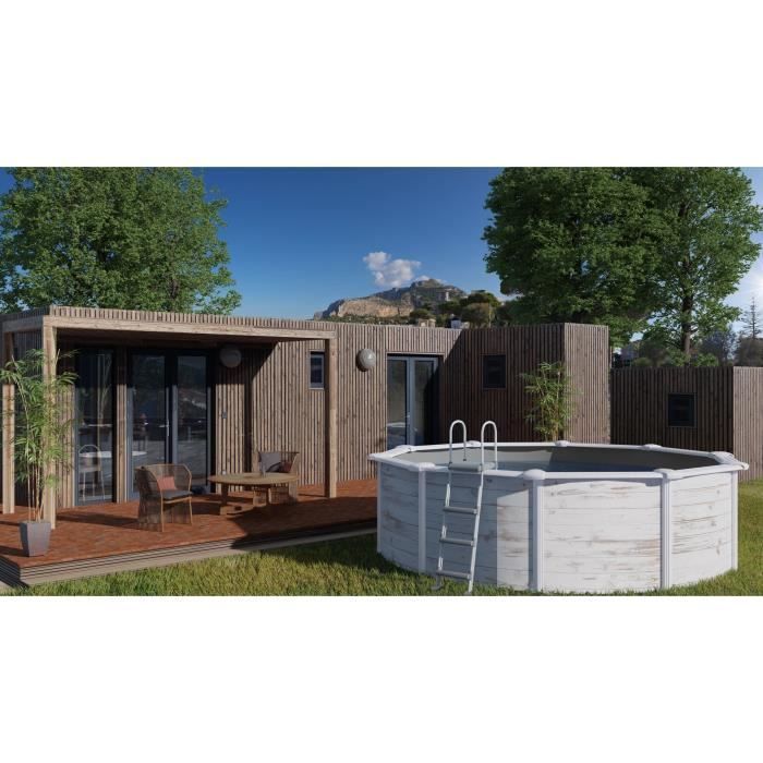 GRE - Piscina redonda de acero Ø3,20 m x H: 1,22 m - Efecto madera nórdica Filtración de arena