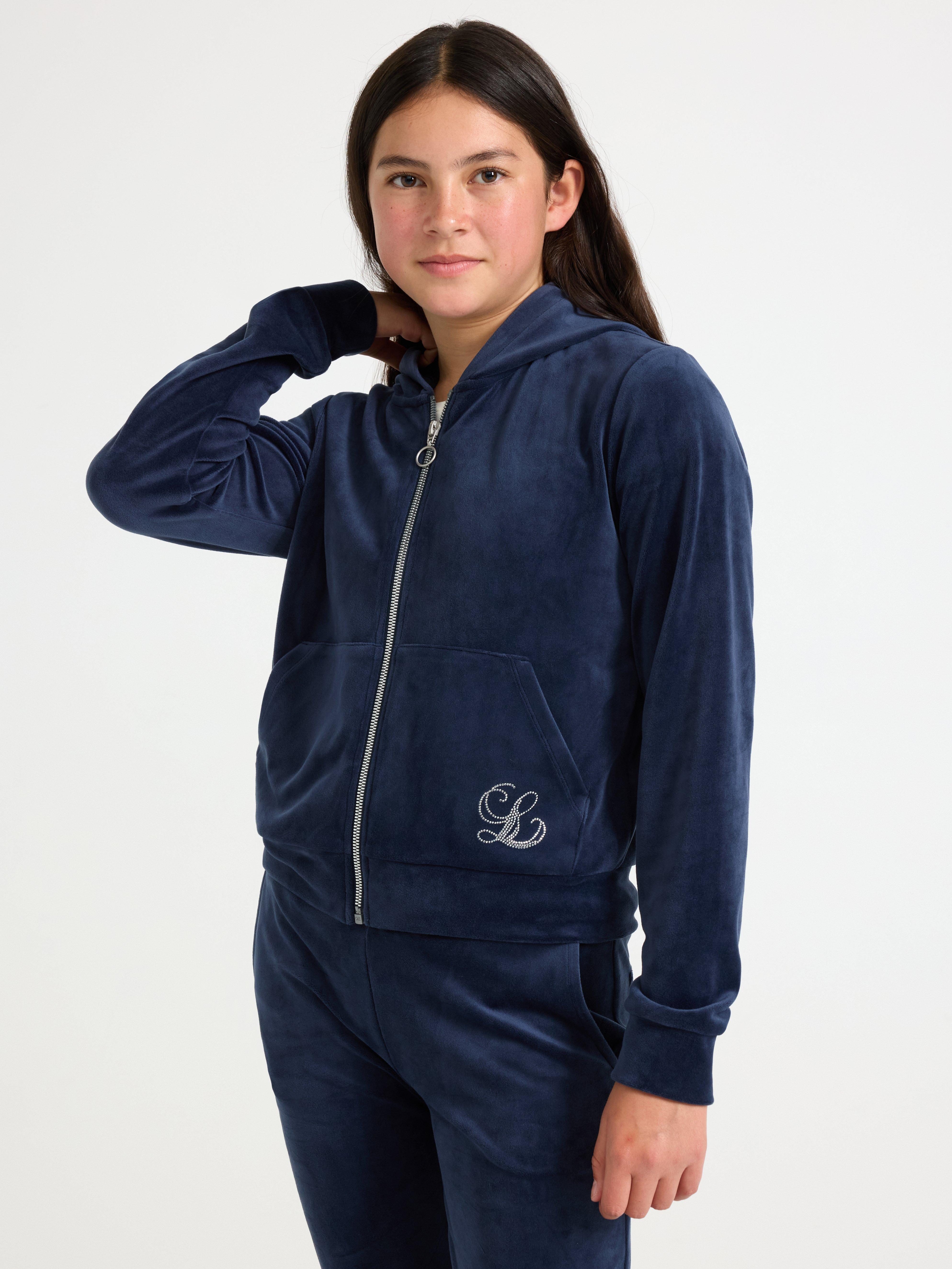 Hettegenser i velour marineblå