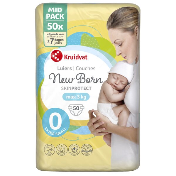 Kruidvat 0 Újszülött extra kicsi pelenka, közepes kiszerelésben<br>0-s méret (kb. 3 kg-ig), 50 darab