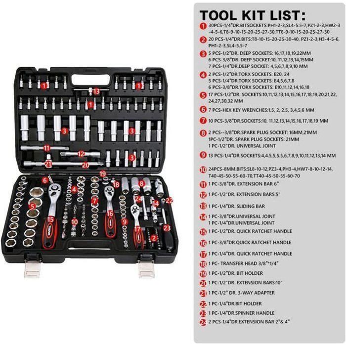TEENO Coffret de douille et embouts Mallette à Outils, Cliquet 1/2-inch et 1/4-inch,3/8-inch (72 Dents) - 172 pcs