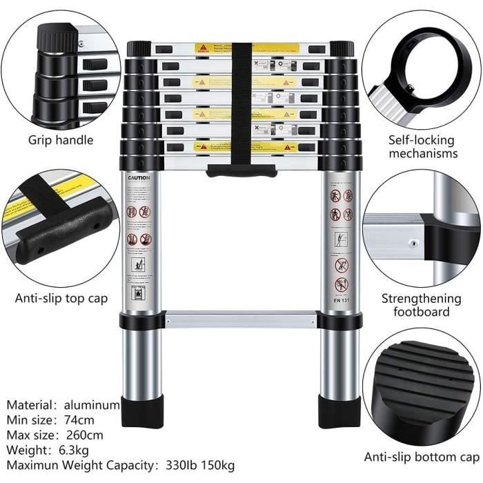 Escalera telescópica de aluminio Dripex de 2,6 m para bricolaje, plegable, extensible, recta simple, escalera multifuncional, capacidad de carga de 150 kg.