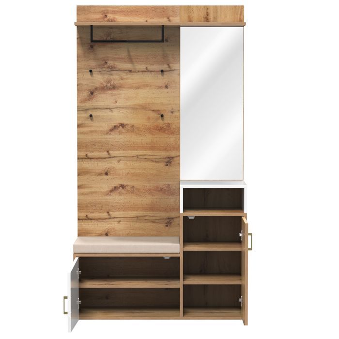 Garderobenset für den Eingangsbereich 105x40x190cm - Garderobenständer + Schuhbank + Spiegel - Weiß+Natur