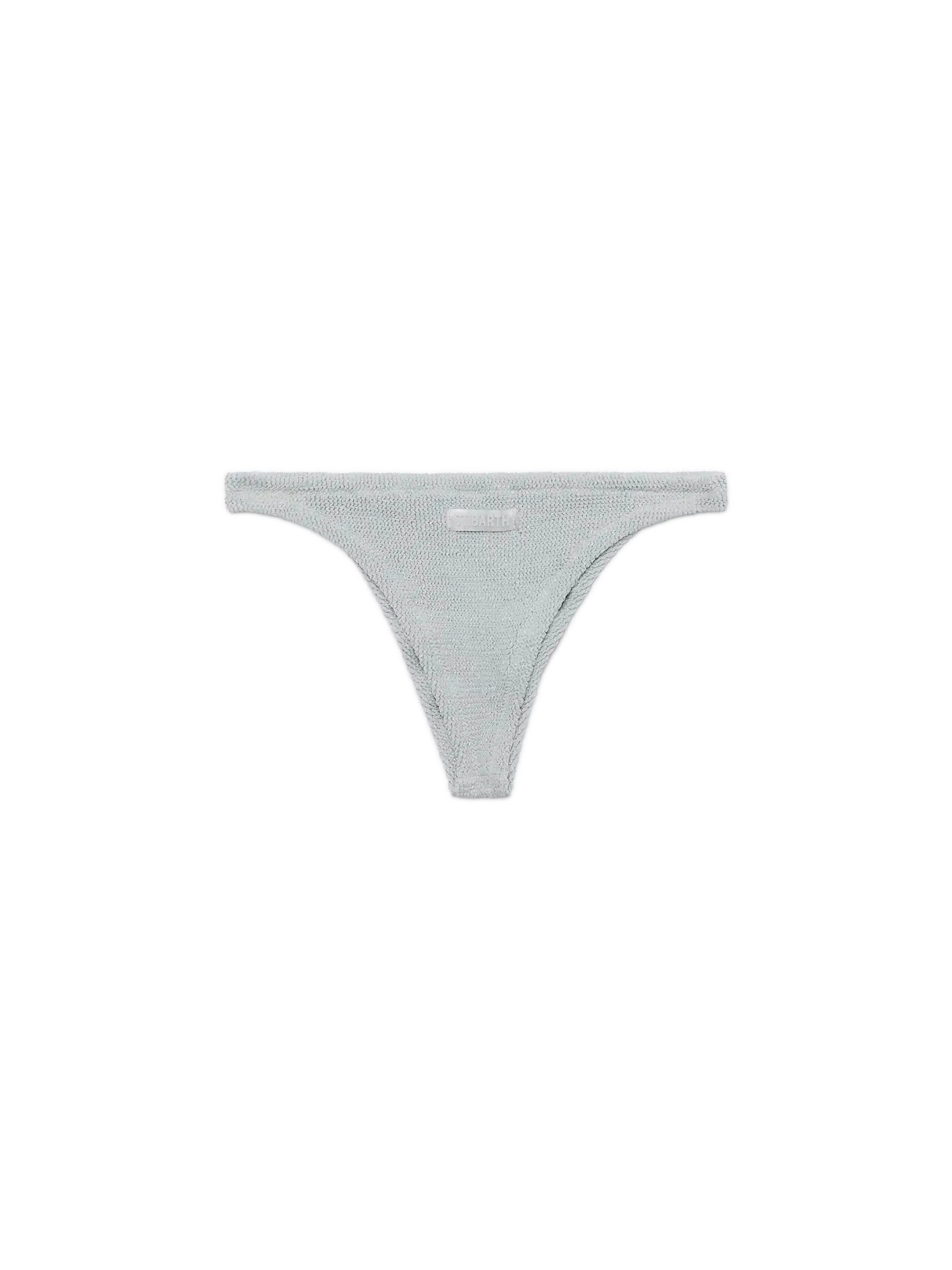 Braguita de baño Naomi de estilo atrevido en lúrex arrugado color plata.