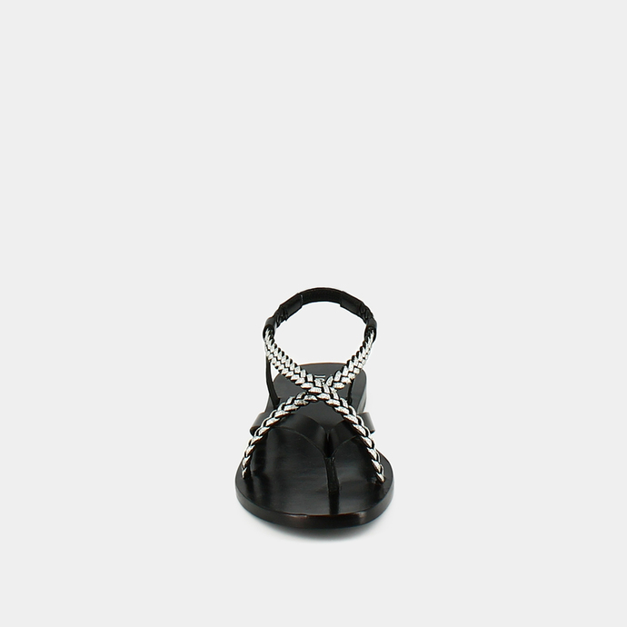 Sandales à brides tressées  en cuir noir et argent