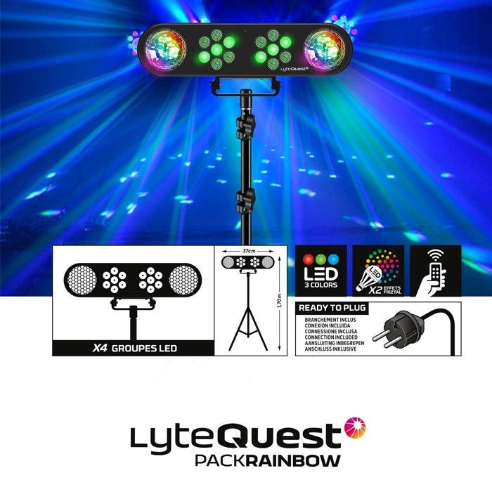 Pack SONO COMPLET BMS1208, Caisson bi-amplifié, 1000W, USB Bluetooth, 30cm, Satellites, câbles, Portique Lumières, LyteQuest