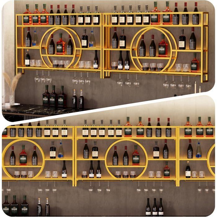 GOOBUY Suporte de Parede para Taças de Vinho em Metal, 140cm, com Luz, Organizador de Garrafas de Vinho, 140x15x80cm, Dourado