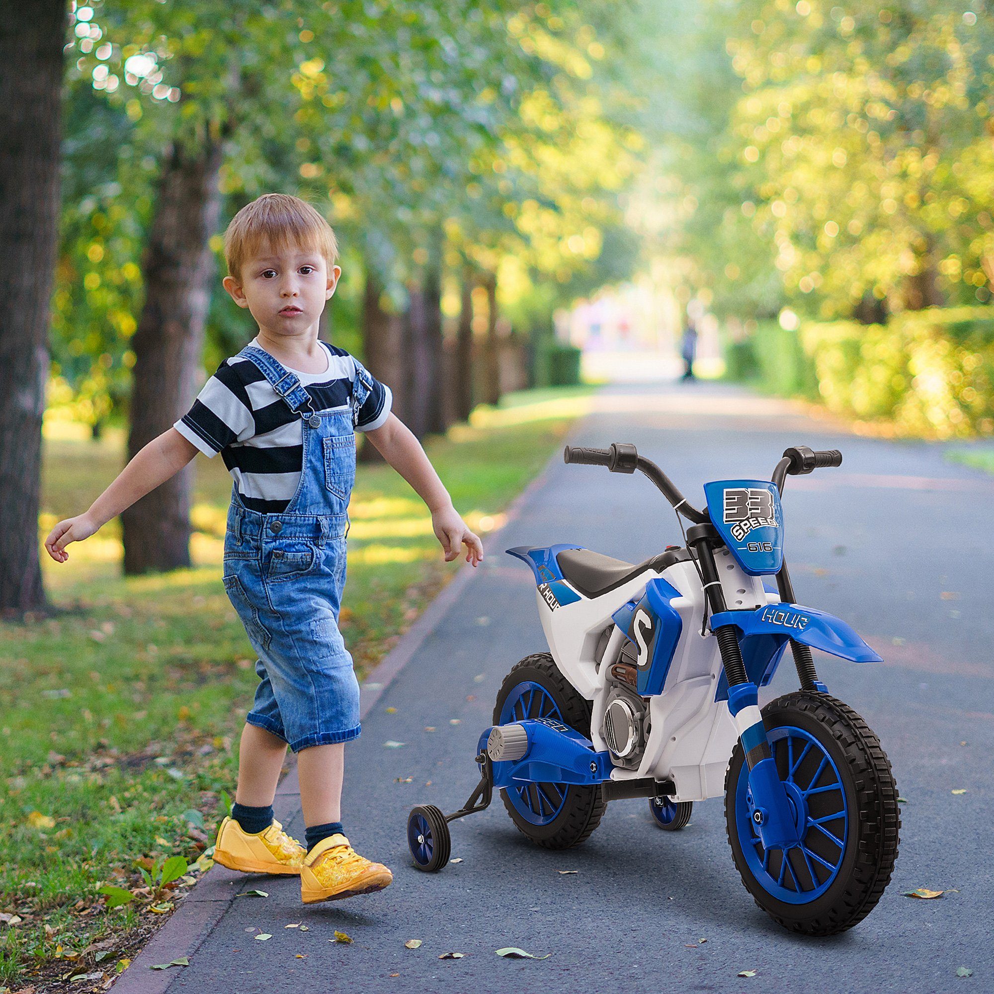 HOMCOM elektrisches Kindermotorrad mit 2 abnehmbaren Stützrädern für Kinder ab 3 Jahren, Tragkraft 30 kg, (1 Stück), inklusive Akku und Ladegerät