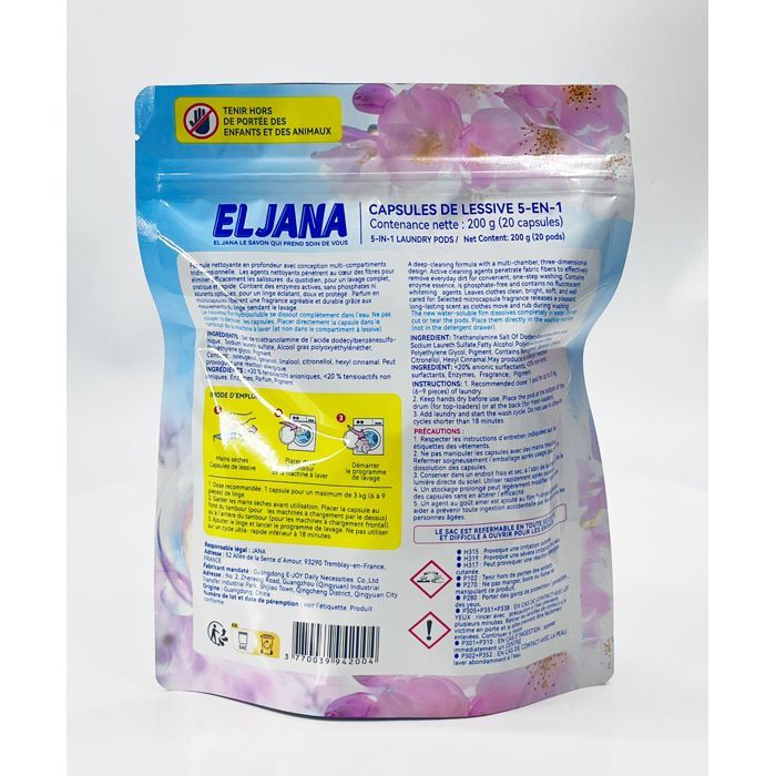 Cápsulas de detergente ELJANA 5 en 1, aroma a melocotón: ropa limpia y fresca.