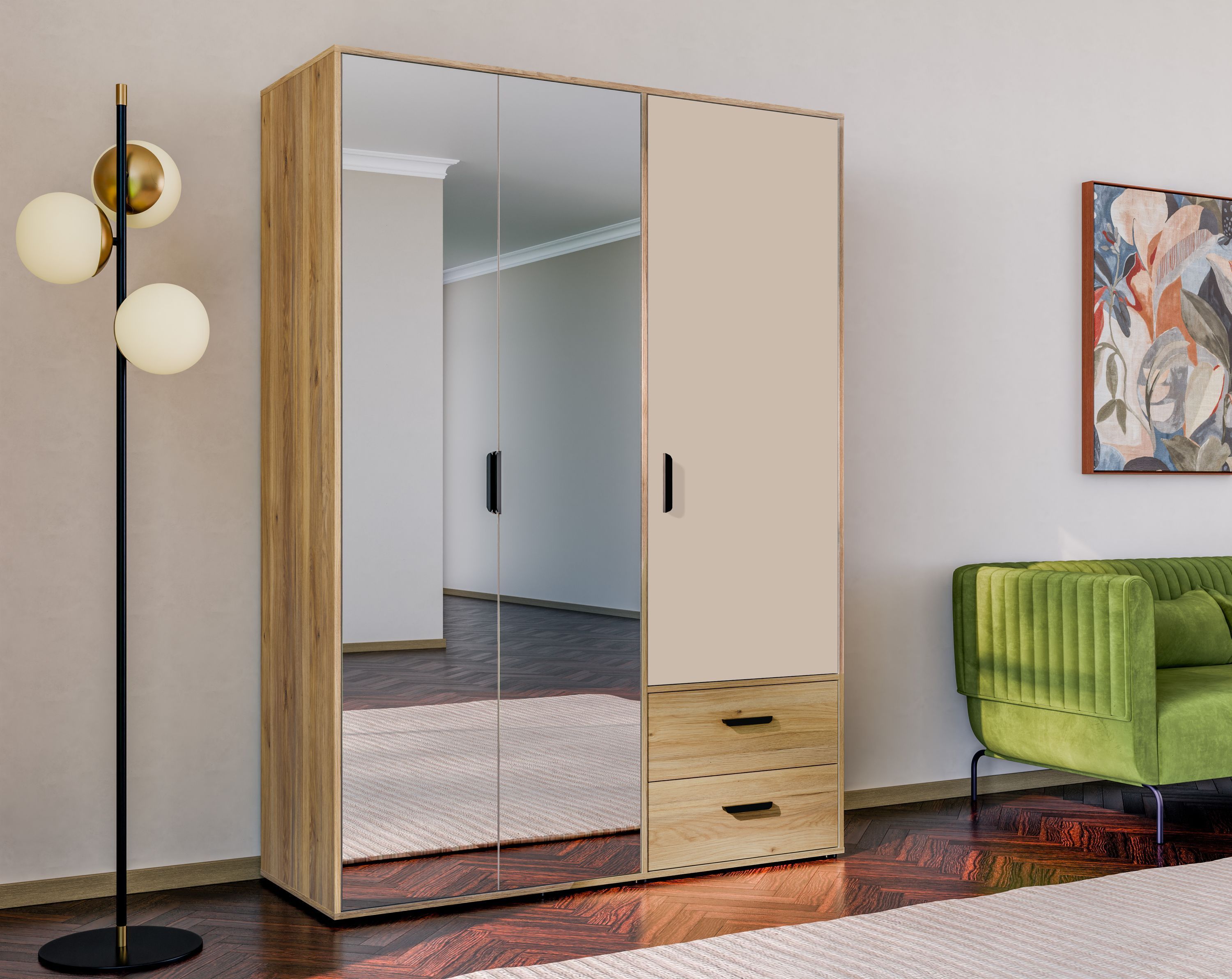 Armoire de chambre - MOKKARO - Décor Chêne et sable - 3 portes battantes - 2 tiroirs - 2 miroirs - L144,4 x P52,7 x H200cm