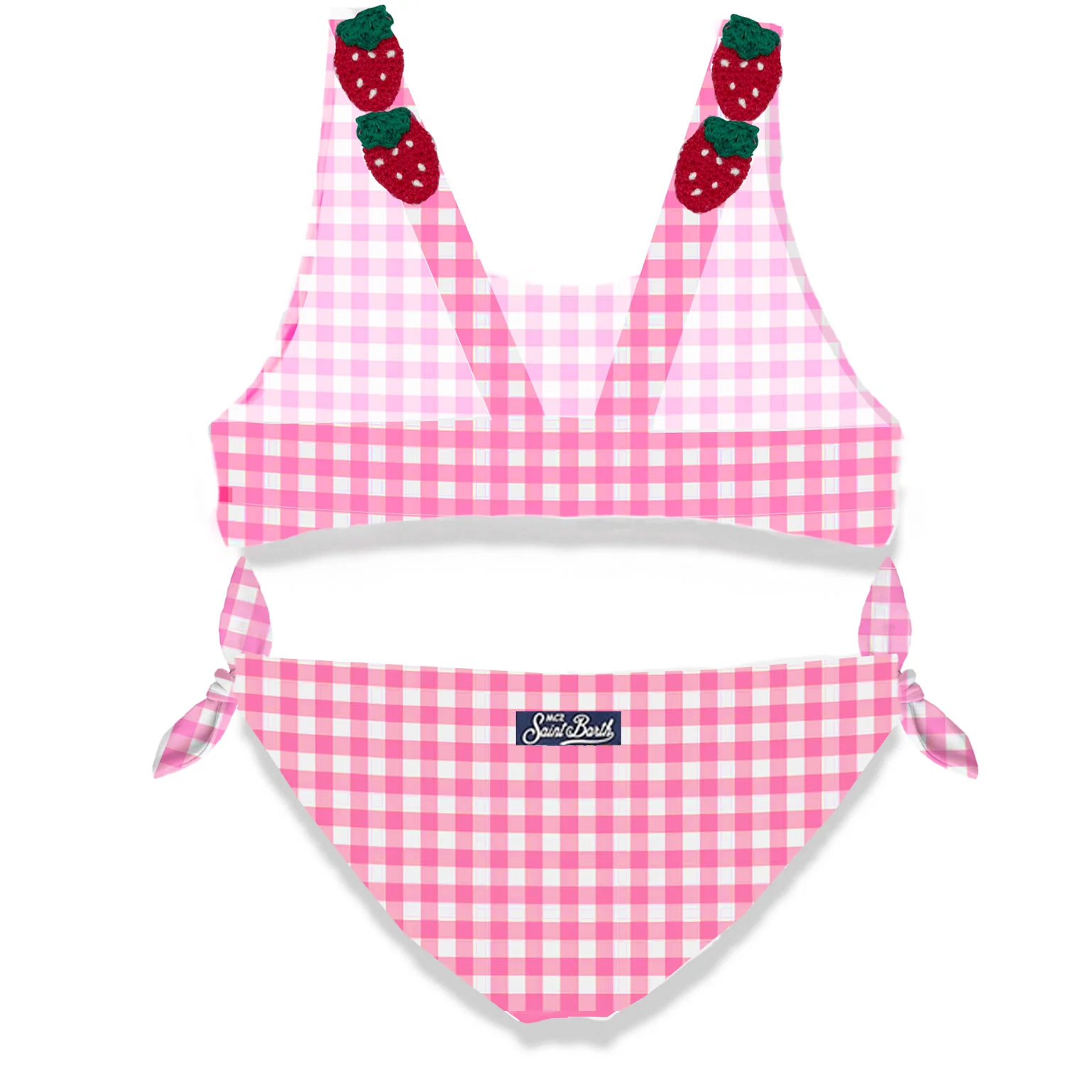 Djevojački bikini s ružičastim kariranim printom i aplikacijom jagoda