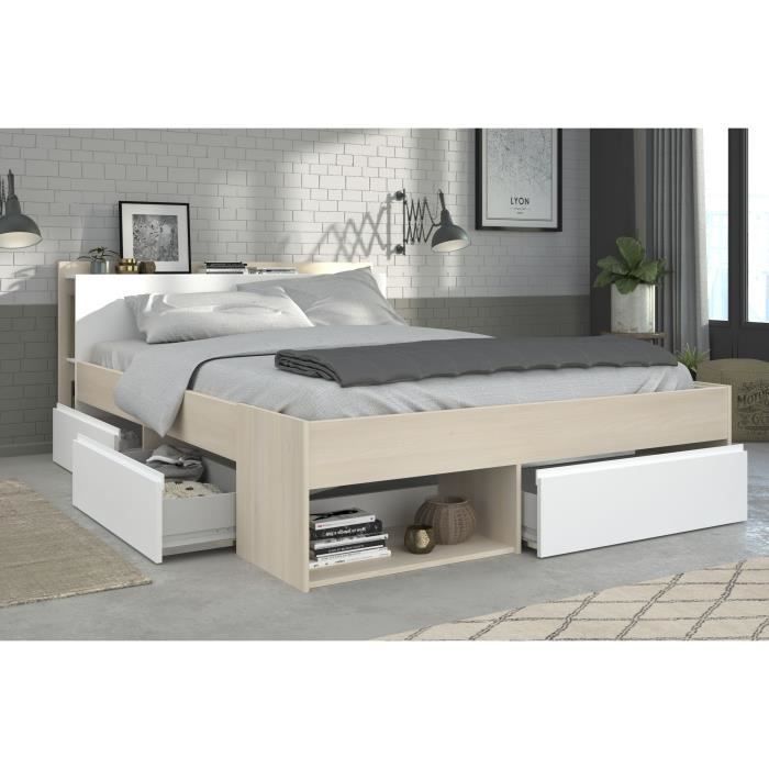 Cama adulta COMBO 140x190/200 cm - Acacia y blanco - 3 cajones - PARISOT