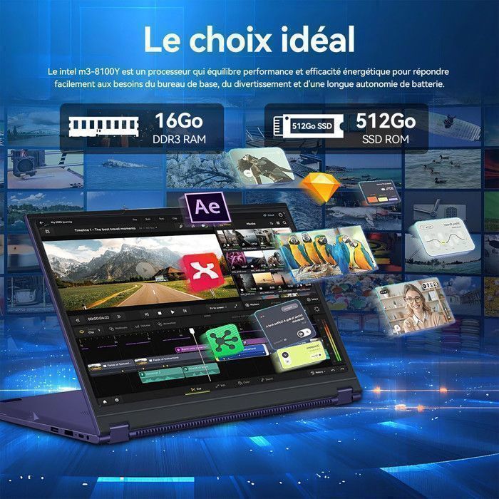 Portatile - Schermo touchscreen orientabile a 360° - Processore Intel Core M3-8100Y - 16 GB di RAM DDR3 - SSD da 512 GB - Display FHD da 15,6