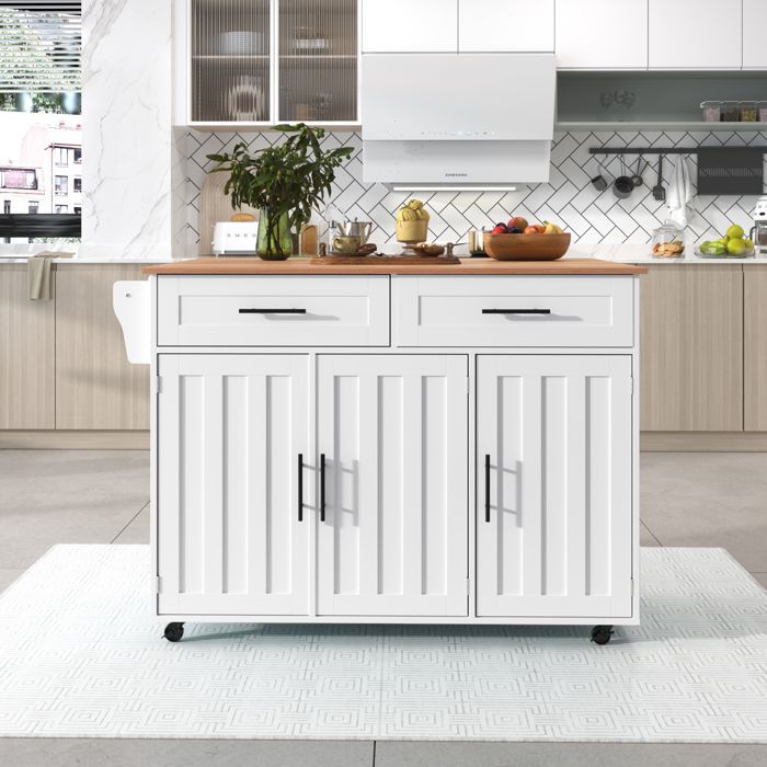 Isla de cocina con ruedas, encimera de madera plegable, tres puertas y dos cajones, carrito de servicio/buffet, color blanco.
