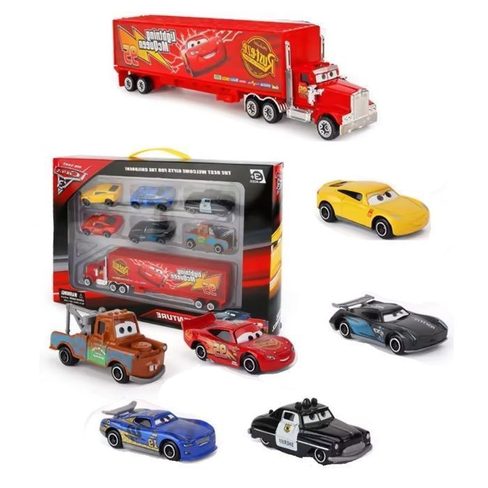 Autorace 7-delige metalen voertuigenset (6 auto's en 1 vrachtwagen) Lightning McQueen kinderspeelgoed