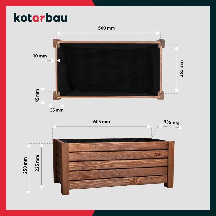 KOTARBAU Blumentopf aus Holz – 60 x 33 x 25 cm – Pflanzgefäß aus verkohlter Kiefer – Garten, Terrasse, Balkon – Braun