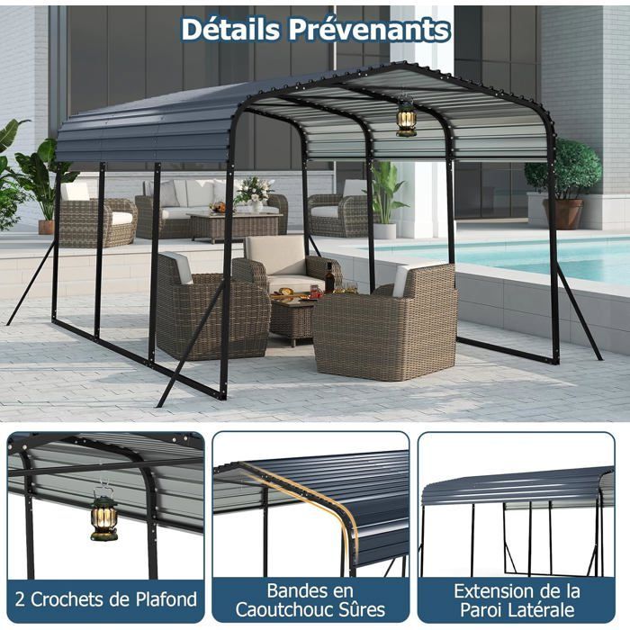 GIANTEX Grand Carport, Abri de Voiture en Métal, 440 x 300 x 250 cm, Toit Rigide, 4 Pieds Inclinés