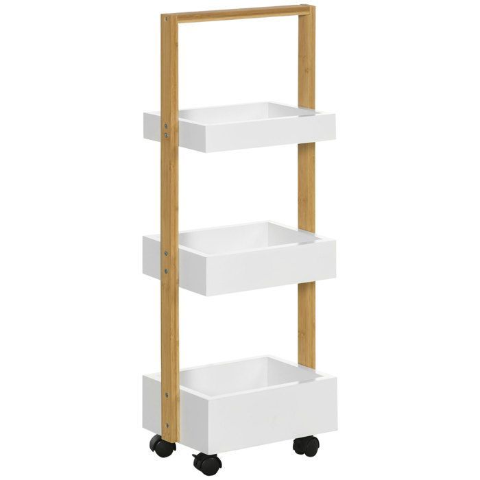 Chariot de rangement - HOMCOM - 3 niveaux desserte étagère à roulettes salle de bain cuisine - bambou bois - 28x18x75cm - blanc