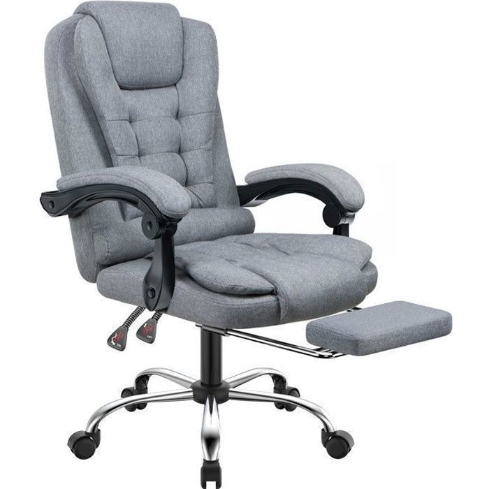Fauteuil de bureau, Chaise en lin avec avec repose-pieds, Ergonomique , réglable en hauteur, Gris