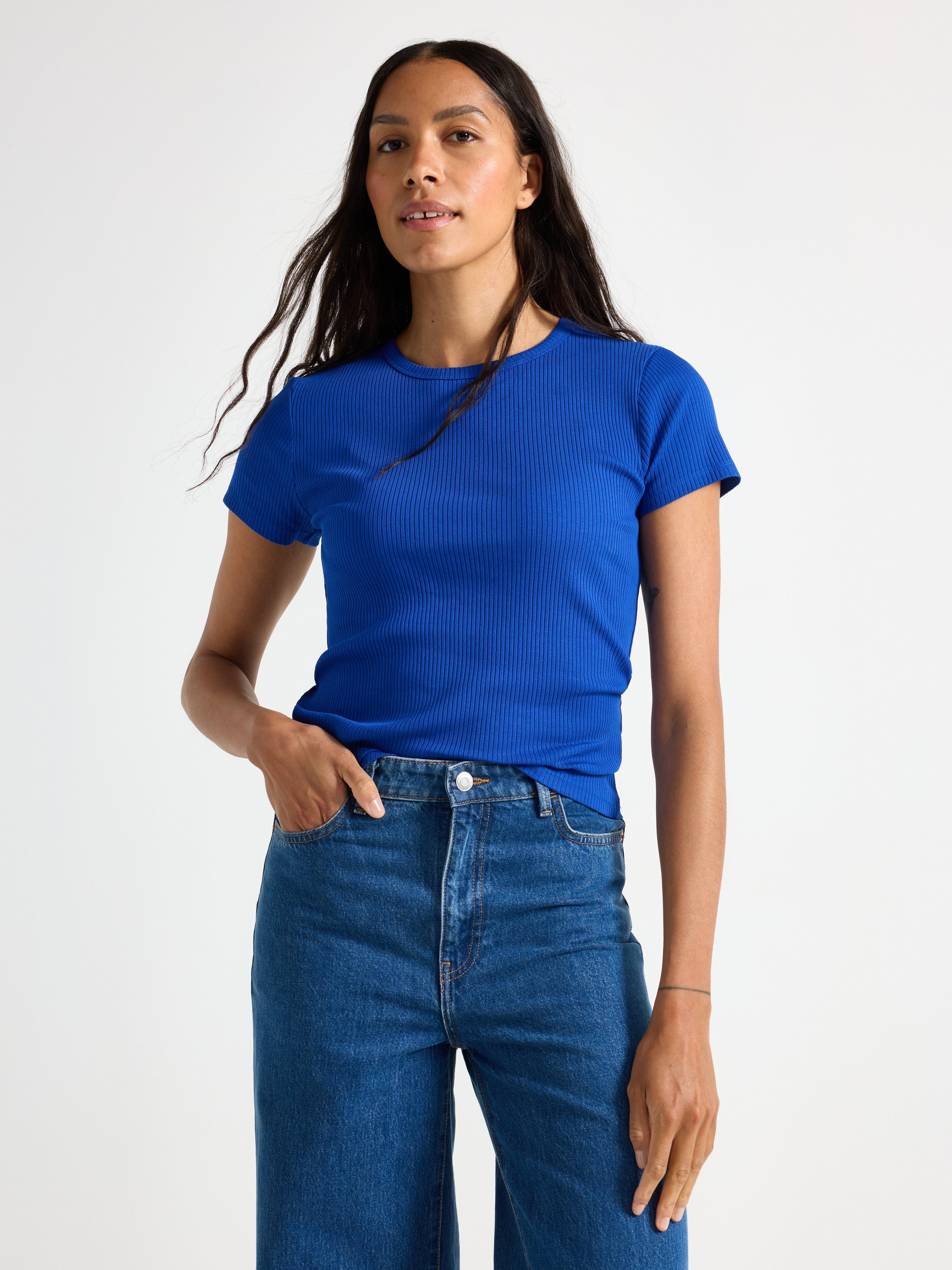 Ribbad kortärmad topp Blue