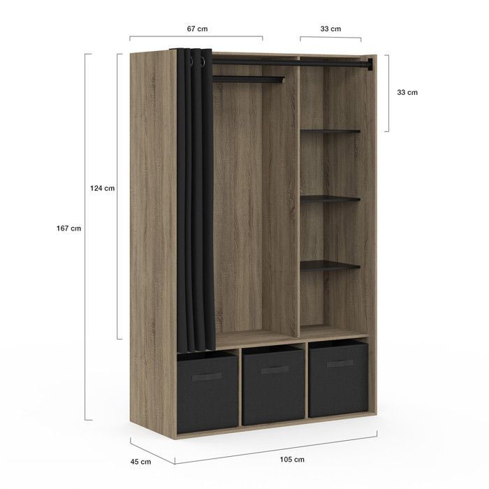 IDMARKET DIANE Wardrobe 105 x 45 x 167 cm Beech with Shelves + Storage Boxes + Black Curtain